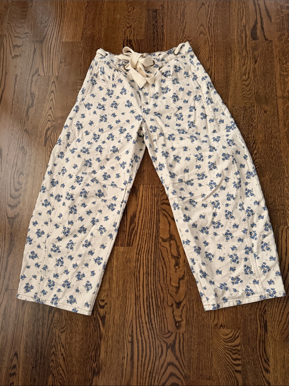 Peach Love California Cream Wide Leg Pants with Blue Floral Print